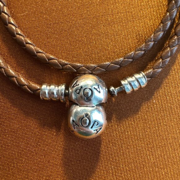 Pandora Braided Leather Wrap Bracelet Round Clasp Brown 13.5 Inches Approx - Picture 2 of 7